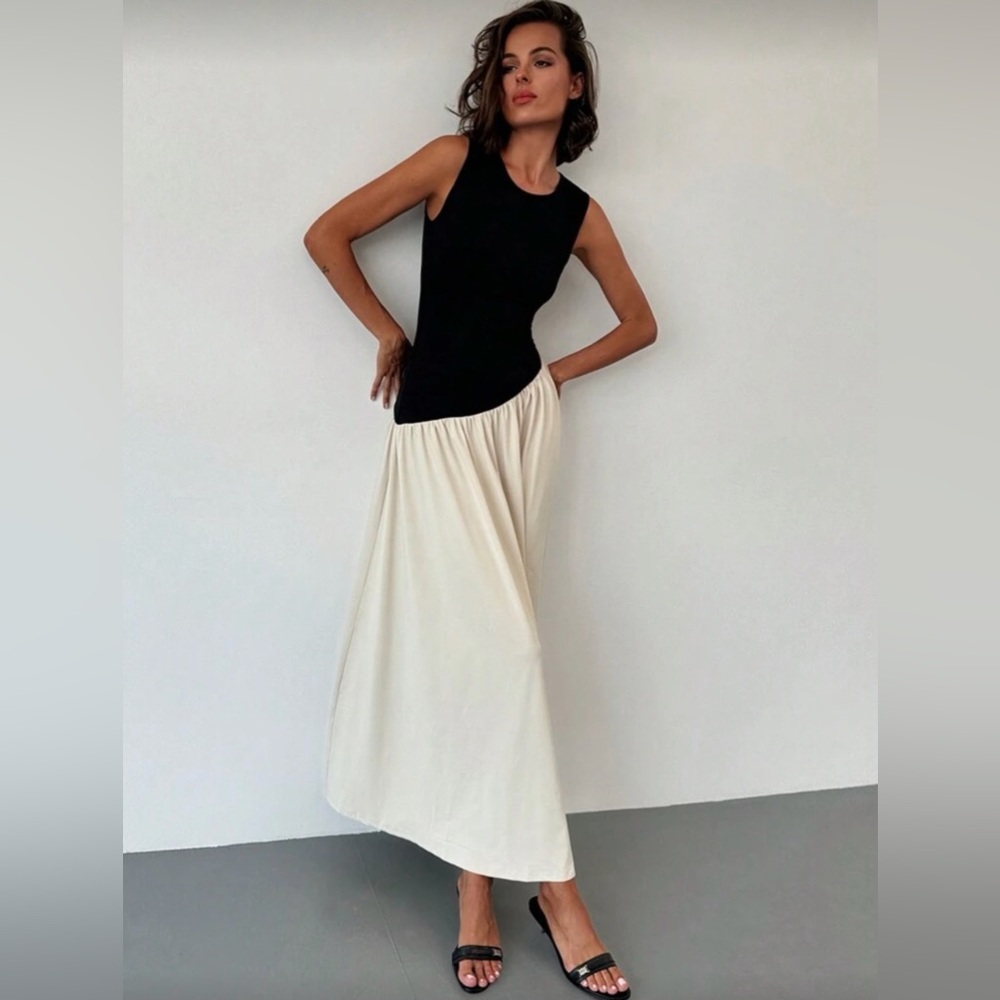 Black and Cream Asymmetrical Drop Waist Maxi Dress Minimalist Chic Style - Picture 5 of 7